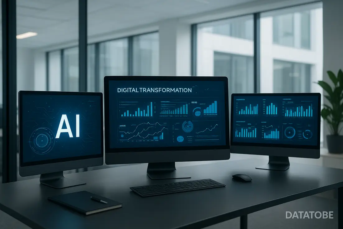 Oficina moderna con tecnología de inteligencia artificial para consultoría empresarial.