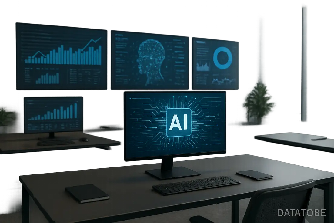 Oficina moderna con tecnología IA para PYMEs, pantallas de datos.